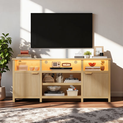 Save 50% - Farmhouse Modern TV Stand for 75 Inch TVs, Mid Century Style Media Console with LED Lights