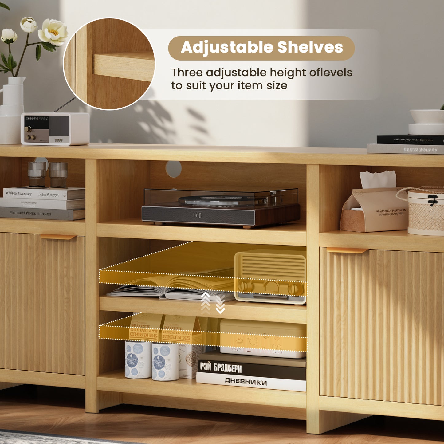 Save 50% - Farmhouse Modern TV Stand for 75 Inch TVs, Mid Century Style Media Console with LED Lights