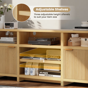 Modern farmhouse style TV stand for 75-inch TVs by Belord, with LED lighting and mid-century design for entertainment centers.