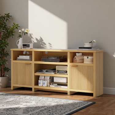 Modern farmhouse TV stand by Belord for 75-inch TVs with LED lights, mid-century style media console and entertainment center.
