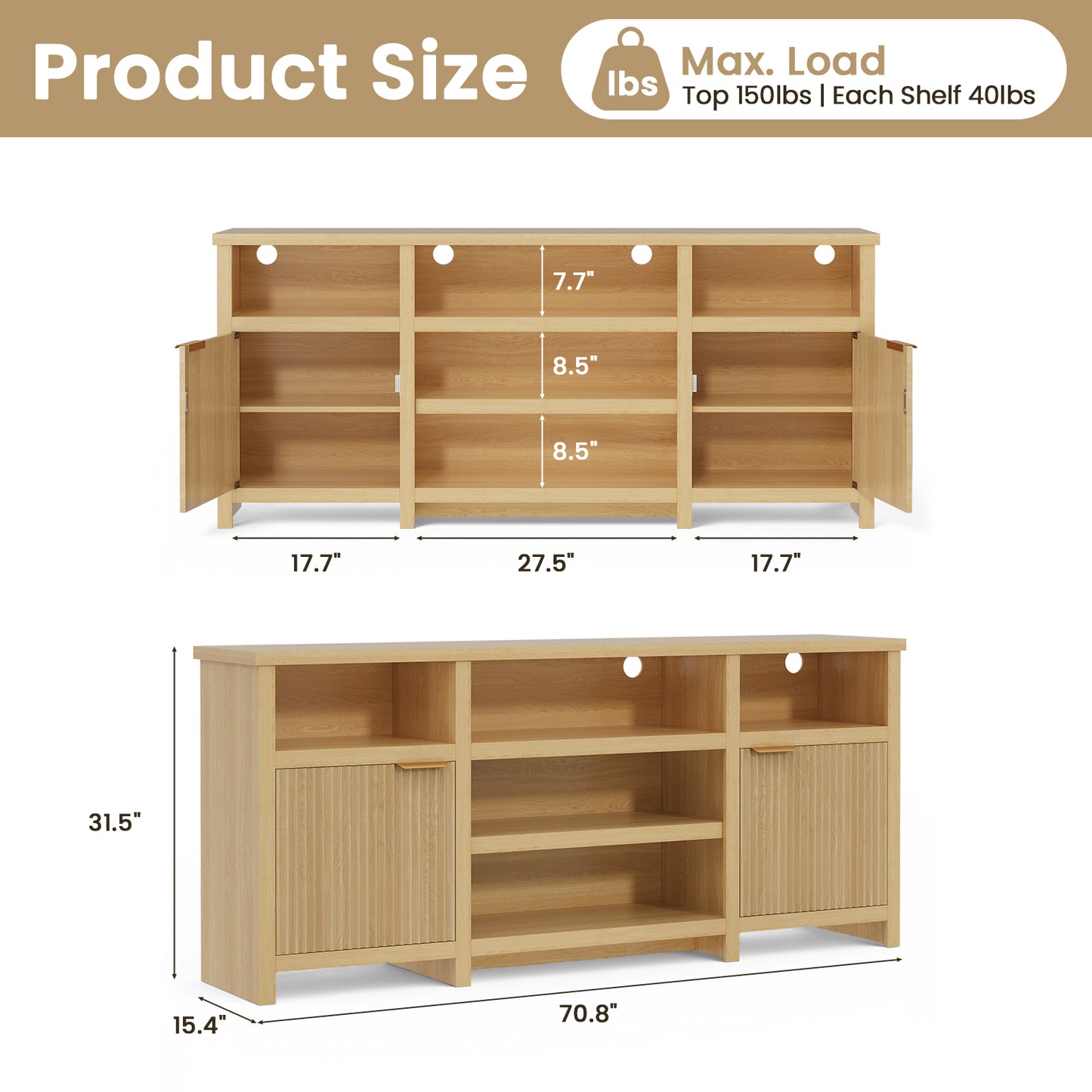 Save 50% - Farmhouse Modern TV Stand for 75 Inch TVs, Mid Century Style Media Console with LED Lights
