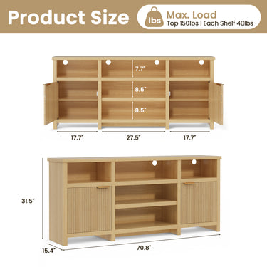 Modern farmhouse TV stand by Belord for 75-inch TVs, mid-century style media console with LED lighting and storage space.