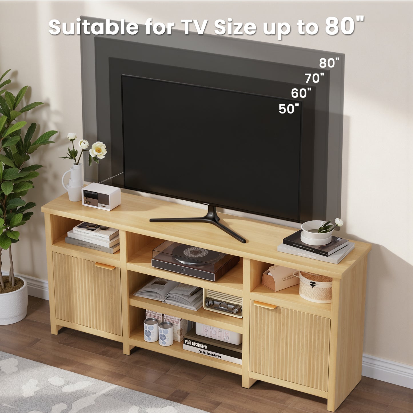 Save 50% - Farmhouse Modern TV Stand for 75 Inch TVs, Mid Century Style Media Console with LED Lights