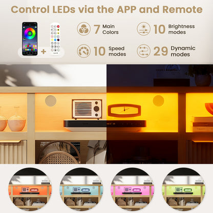 Save 50% - Farmhouse Modern TV Stand for 75 Inch TVs, Mid Century Style Media Console with LED Lights