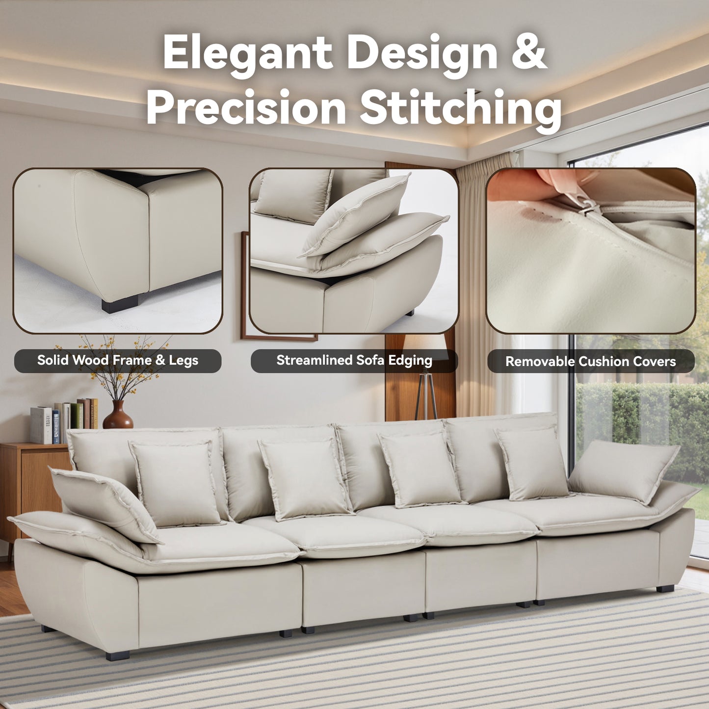 Save 50% - 4-Seater Modular Sectional Sofa with Storage Ottomans, Reversible Deep Seat Sleeper Couch with Removable Backrest & Throw Pillows