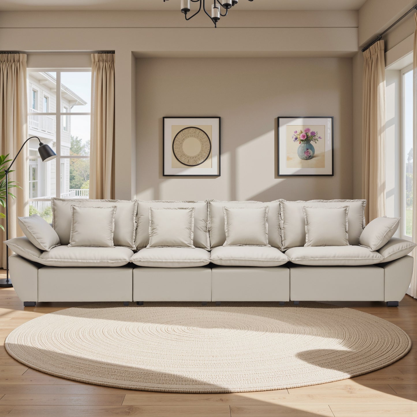 Save 50% - 4-Seater Modular Sectional Sofa with Storage Ottomans, Reversible Deep Seat Sleeper Couch with Removable Backrest & Throw Pillows