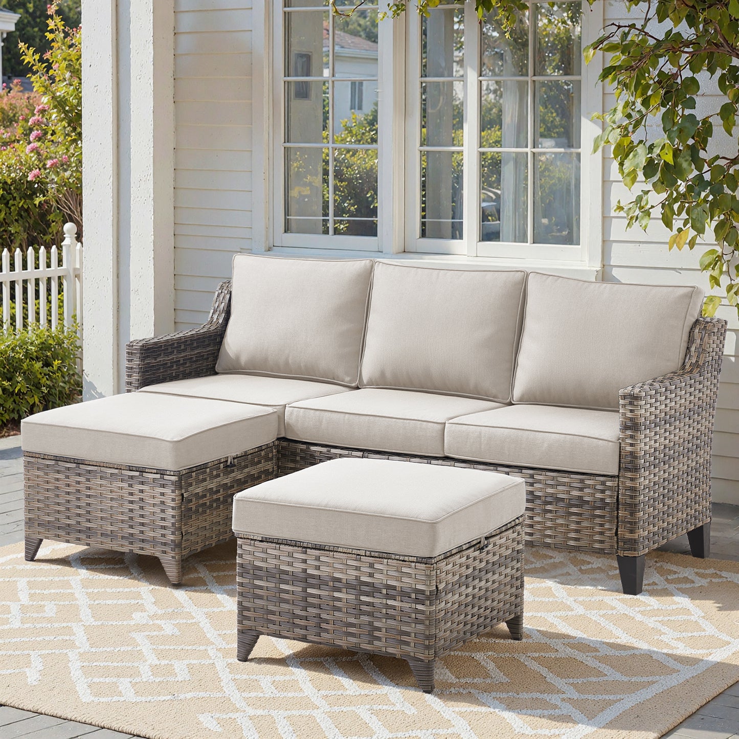 3-Piece Patio Set — All-Weather Wicker Covered Couch with Multifunctional Ottoman, FG Series