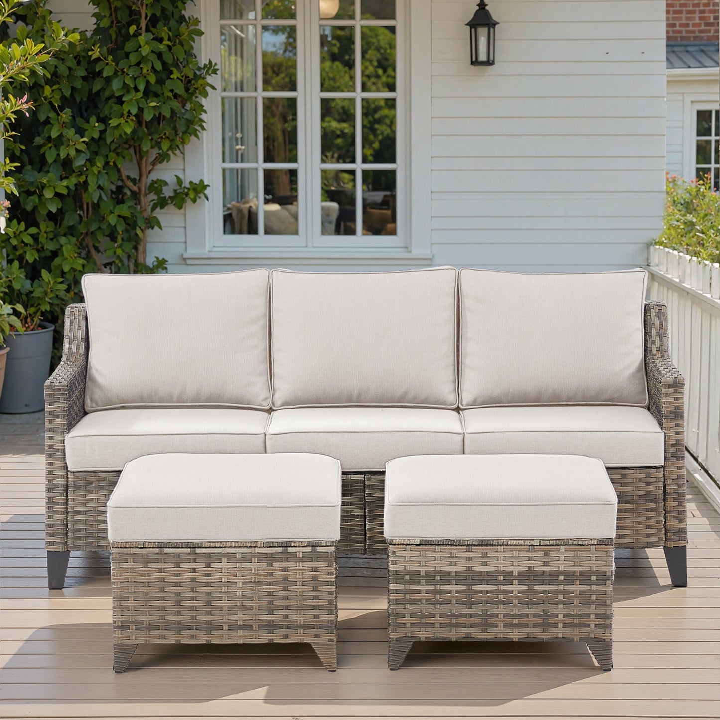 3-Piece Patio Set — All-Weather Wicker Covered Couch with Multifunctional Ottoman, FG Series