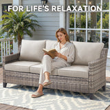 Belord 6-piece outdoor lounge set with hand-woven wicker sofa, patio chairs, coffee table, ottomans, and plush cushions.