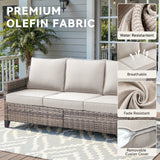 Belord 5-piece outdoor patio furniture set with wicker sofa, two swivel chairs, gray fire pit, and side table.