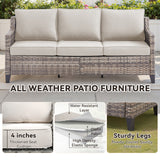 Belord 8-piece patio conversation set with sofa, four swivel chairs, two ottomans, and side tables in outdoor garden setting