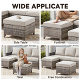 Belord 5-piece outdoor patio furniture set with wicker sofa, two swivel chairs, gray fire pit, and side table in a backyard setting.