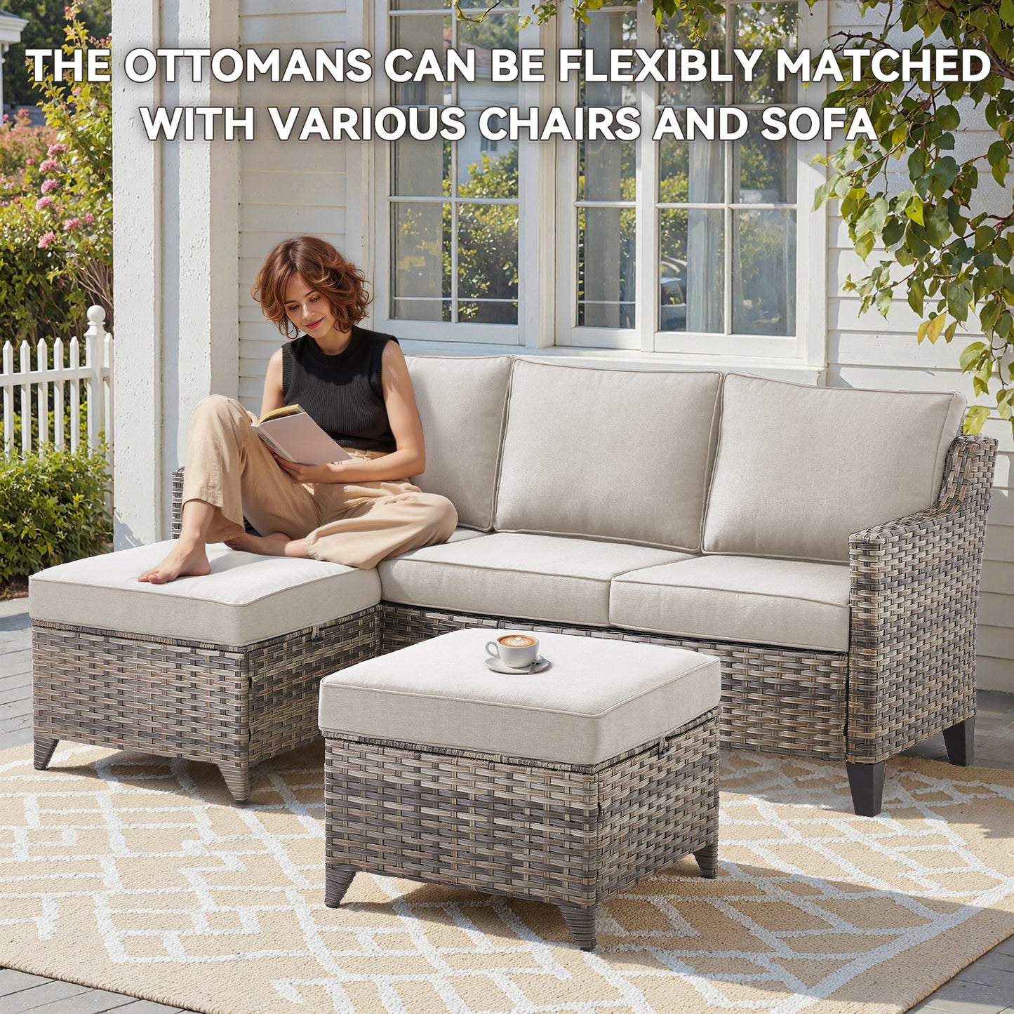 3-Piece Patio Set — All-Weather Wicker Covered Couch with Multifunctional Ottoman, FG Series
