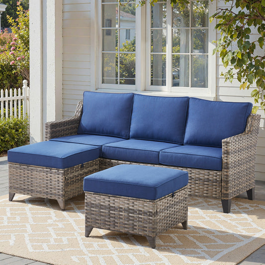 3-Piece Patio Set — All-Weather Wicker Covered Couch with Multifunctional Ottoman, FG Series