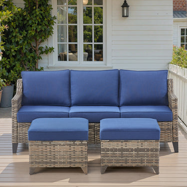 All-weather wicker patio conversation set by Belord with a covered couch and multifunctional ottoman, part of the FG Series.