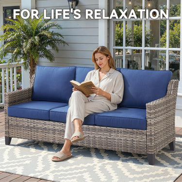 Belord 6-piece patio conversation set with sofa, two swivel chairs, two ottomans, and glass table for outdoor relaxation.