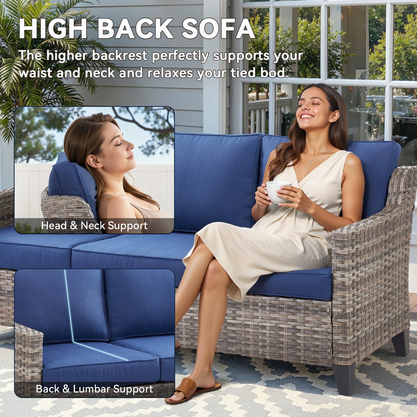 5-Piece Outdoor Patio Furniture Set — Wicker Sofa, 2 Swivel Chairs, Gray Fire Pit & Side Table, FG Series