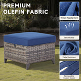 Belord 6-piece outdoor lounge set with hand-woven wicker sofa, patio chairs, coffee table, ottomans, and plush cushions.