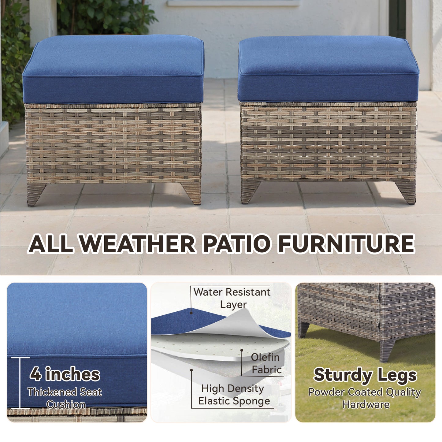 Outdoor Swivel Chair Set (5 Pcs): 2 Glider Chairs, Ottoman Pair & Glass Accent Table, FG Series