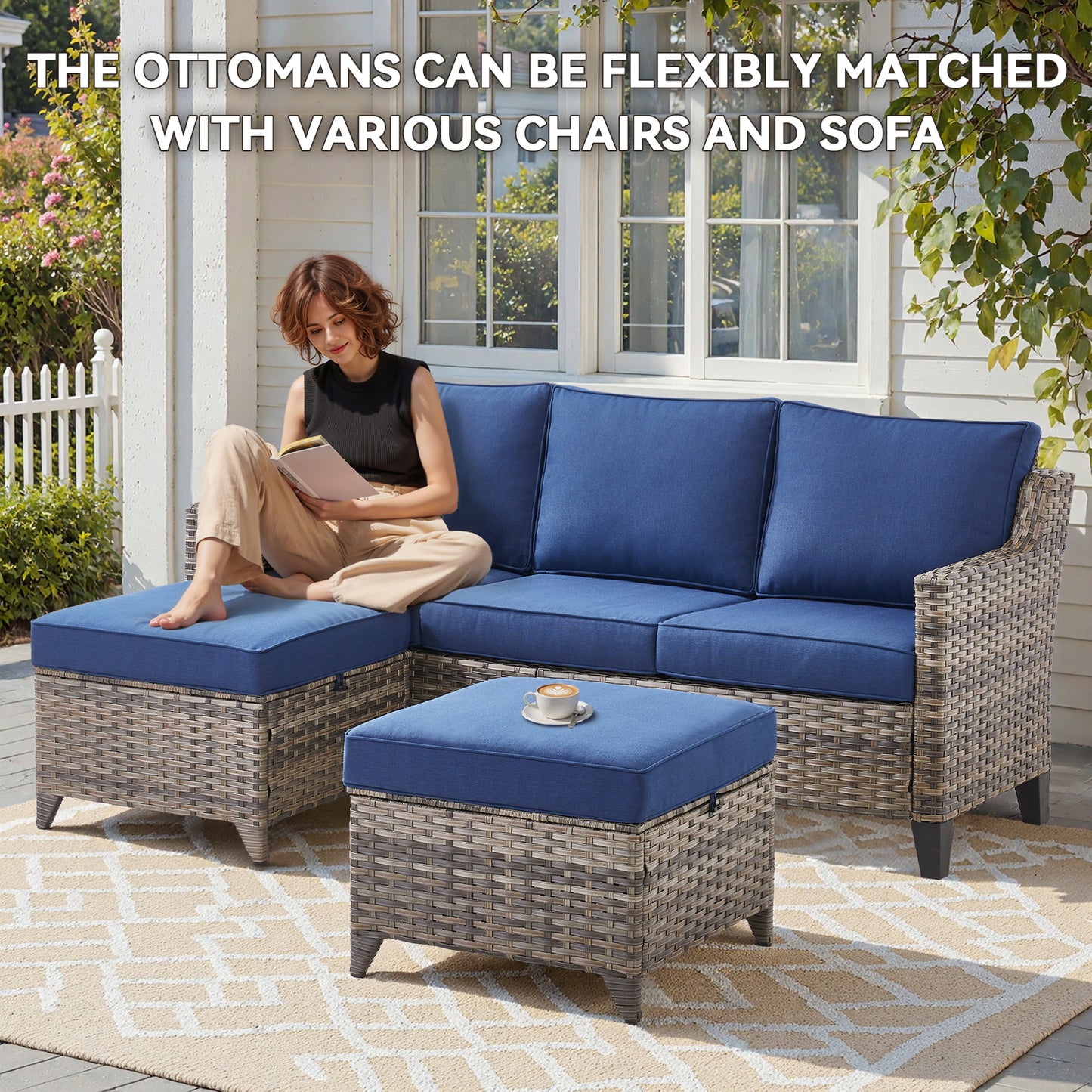 3-Piece Patio Set — All-Weather Wicker Covered Couch with Multifunctional Ottoman, FG Series