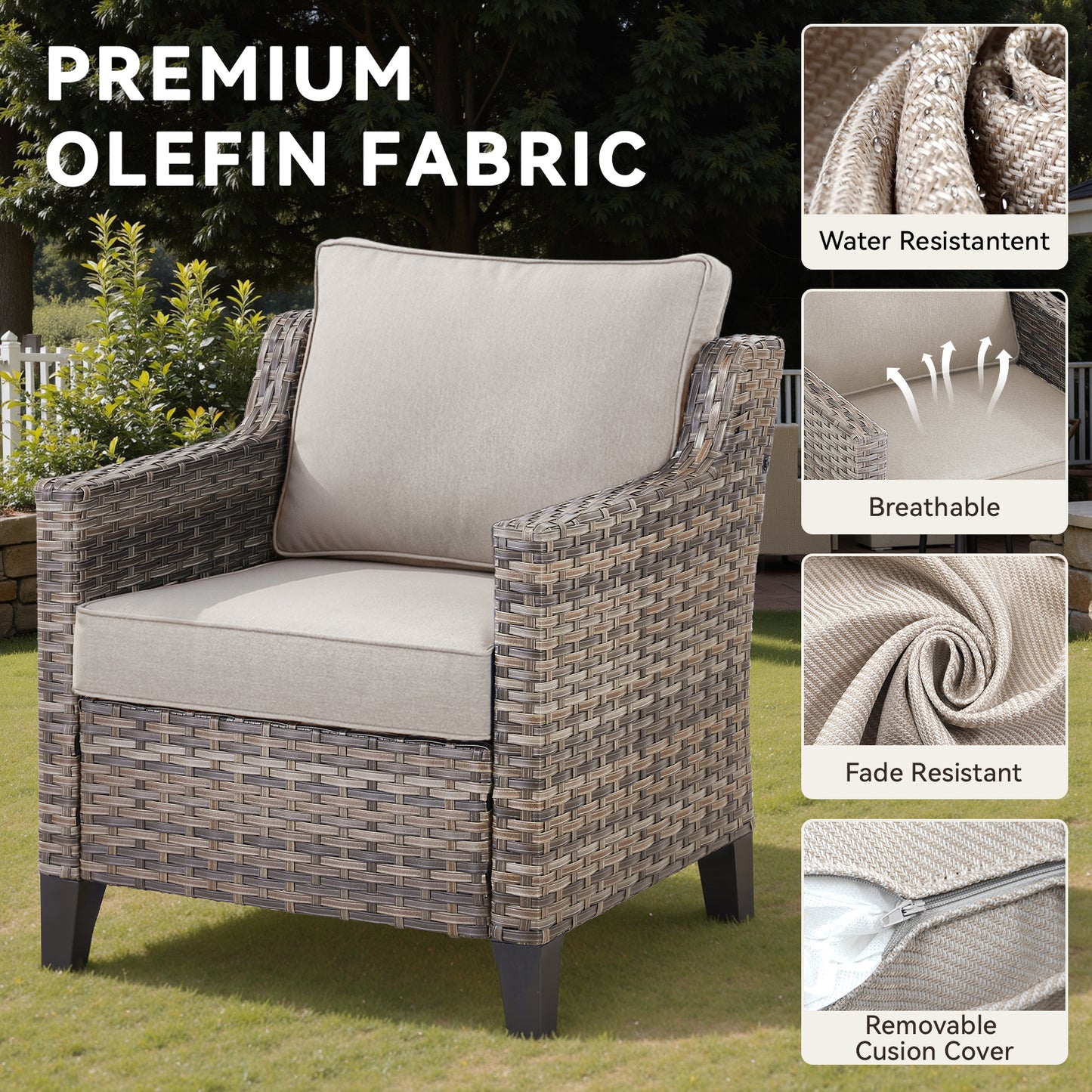 6-Piece Outdoor Lounge Set — Hand-Woven Wicker Sofa, 2 Patio Chairs, 1 Coffee Table & 2 Ottomans with Comfy Cushions, FG Series