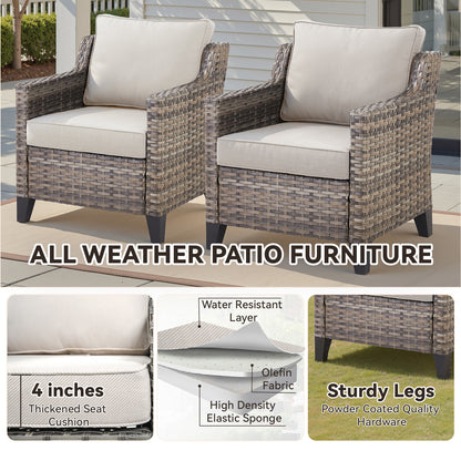 6-Piece Fire Pit Gathering Set: Sofa, 2 Chairs, Ottoman & Long Grey Rattan Hearth, FG Series
