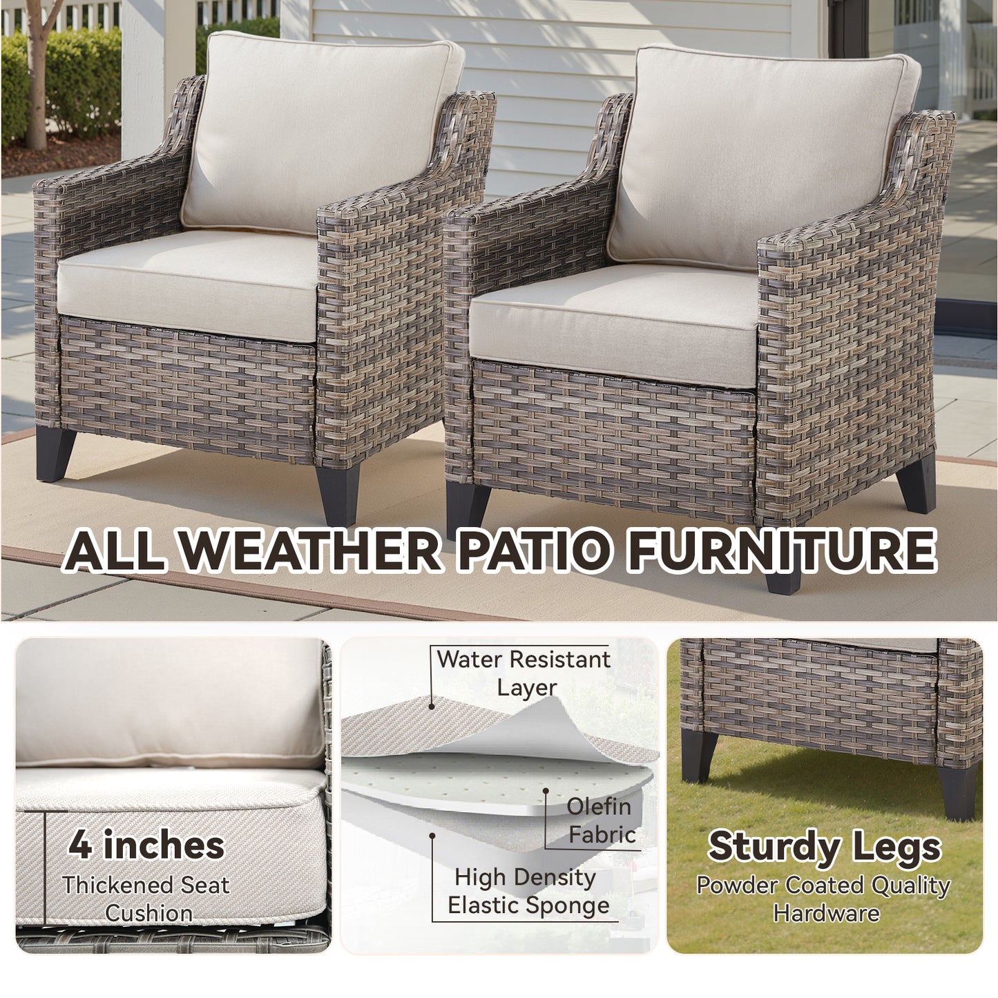6-Piece Outdoor Lounge Set — Hand-Woven Wicker Sofa, 2 Patio Chairs, 1 Coffee Table & 2 Ottomans with Comfy Cushions, FG Series