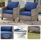 Belord 5-piece outdoor lounge set with wicker high-back sofa, two patio chairs, ottomans, and plush cushions for patio relaxation.
