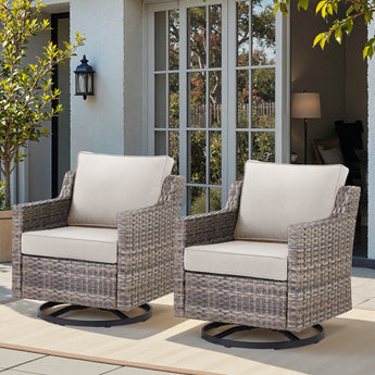 Set of two Belord high-back swivel wicker accent chairs with padded cushions, ideal for patio conversation and outdoor relaxation.