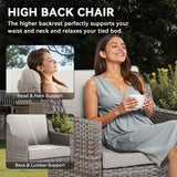 Four high-back Belord FG Series patio swivel rocker chairs with PE wicker frames and padded cushions, arranged for outdoor seating.