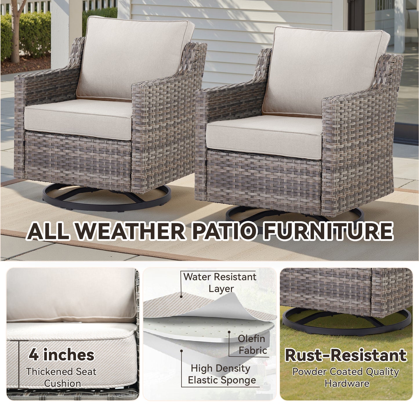 FG Series: 4-Piece Set of High-Back Swivel Rocker Chairs — PE Wicker with Padded Cushions, FG Series