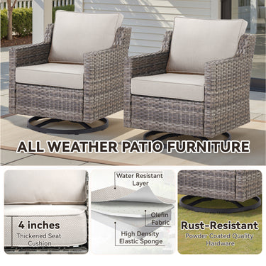 Belord 8-piece patio conversation set with sofa, four swivel chairs, two ottomans, and side tables in outdoor garden setting.