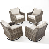 Set of four Belord FG Series high-back swivel rocker patio chairs with PE wicker and padded cushions, ideal for outdoor conversation areas.