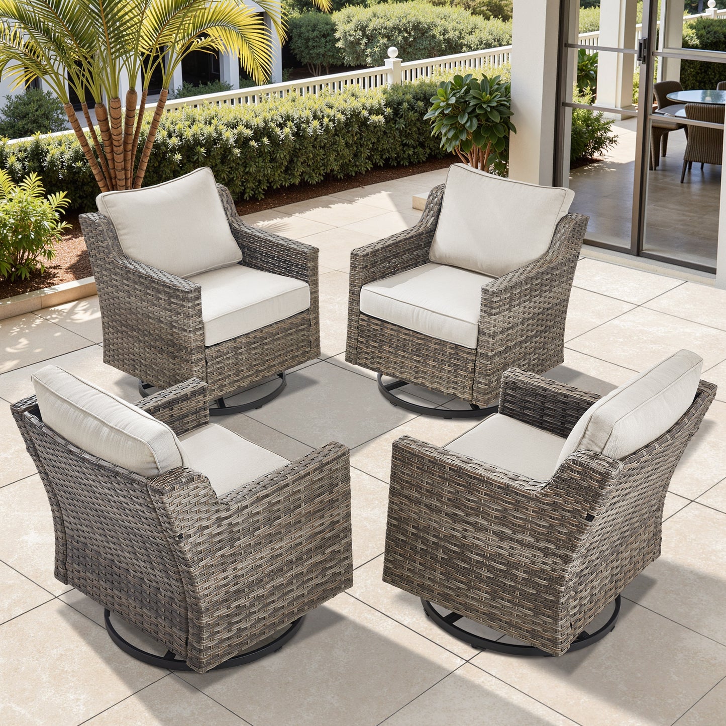 FG Series: 4-Piece Set of High-Back Swivel Rocker Chairs — PE Wicker with Padded Cushions, FG Series