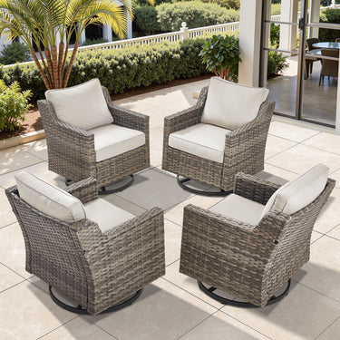 Four Belord FG Series high-back swivel rocker chairs with PE wicker and padded cushions for patio conversation sets.