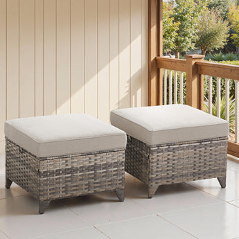 Belord 2-piece outdoor wicker ottoman set with dual-use side tables, featuring woven rattan design and sturdy legs.