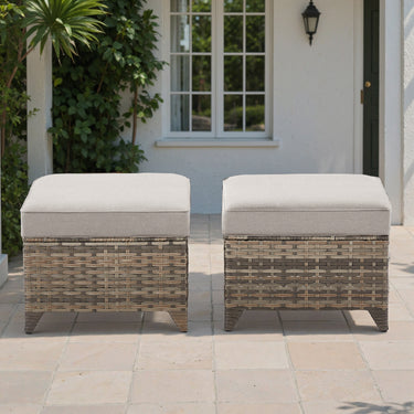 Belord outdoor wicker ottomans set with dual-use side tables in FG series, featuring woven wicker design and sturdy construction.