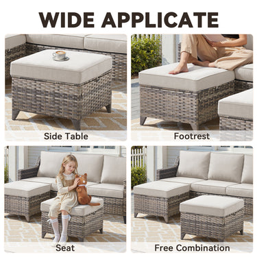 Belord 2-piece outdoor wicker ottoman set with dual-use side tables, FG Series, featuring woven wicker design and sturdy legs.