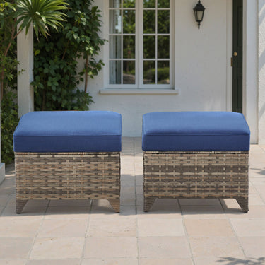 Belord 2-piece outdoor wicker ottoman set with dual-use side tables, stylish weather-resistant design for outdoor seating.