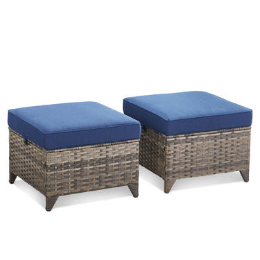 Belord 2-piece outdoor wicker ottoman set with dual-use side tables, featuring stylish woven design for patio or garden use.