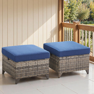 Outdoor wicker ottoman set by Belord featuring two dual-use side tables for outdoor patio or garden seating areas.
