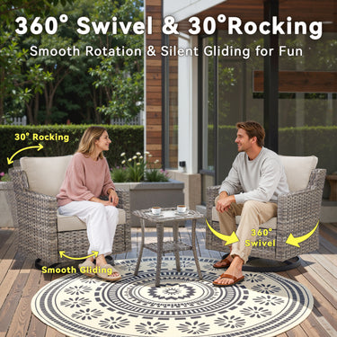 Belord 3-piece outdoor bistro set with PE rattan chairs, thick cushions, and glass coffee table for patio conversation.