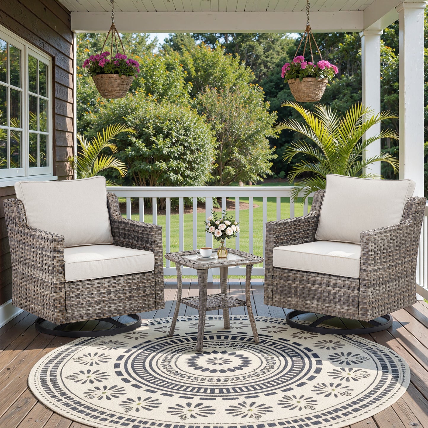 3-Piece Outdoor Bistro Set — PE Rattan Chairs with Thick Cushions & Glass Coffee Table Ensemble, FG Series