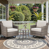 Belord 3-piece outdoor bistro set with PE rattan chairs, thick cushions, and glass coffee table for patio conversation.
