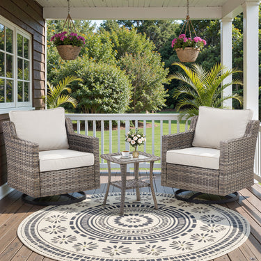 Belord 3-piece outdoor bistro set with PE rattan chairs, thick cushions, and glass coffee table for patio conversation.