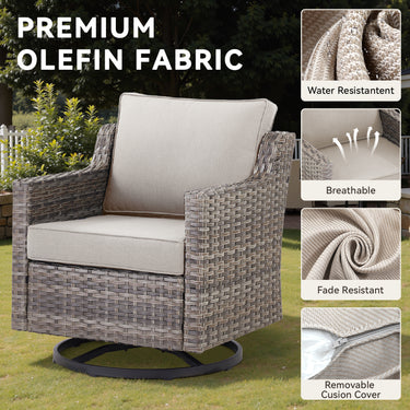 Belord 3-piece outdoor bistro set with PE rattan chairs, thick cushions, and glass coffee table for patio conversation.