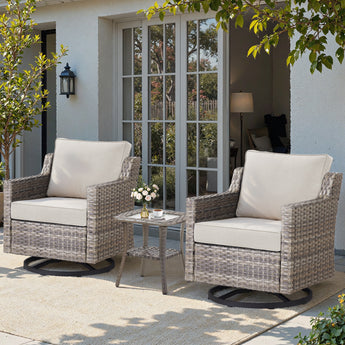Belord 3-piece outdoor bistro set with PE rattan chairs, thick cushions, and glass coffee table for patio conversation.