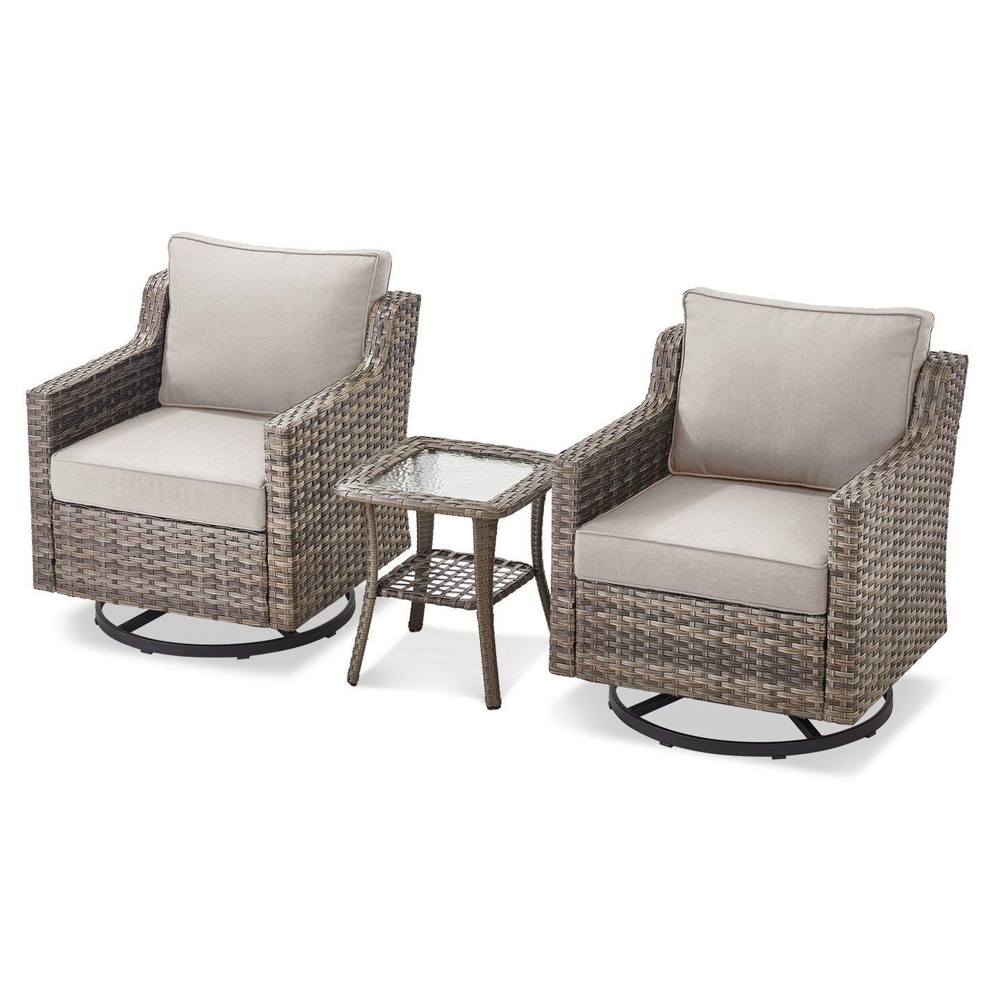 3-Piece Outdoor Bistro Set — PE Rattan Chairs with Thick Cushions & Glass Coffee Table Ensemble, FG Series