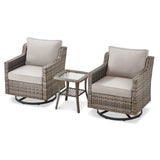 Belord 3-piece outdoor bistro set with PE rattan chairs, thick cushions, and glass coffee table for patio conversation.