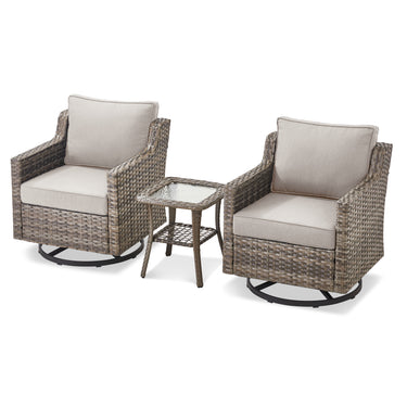 Belord 3-piece outdoor bistro set with PE rattan chairs, thick cushions, and glass coffee table for patio conversation.